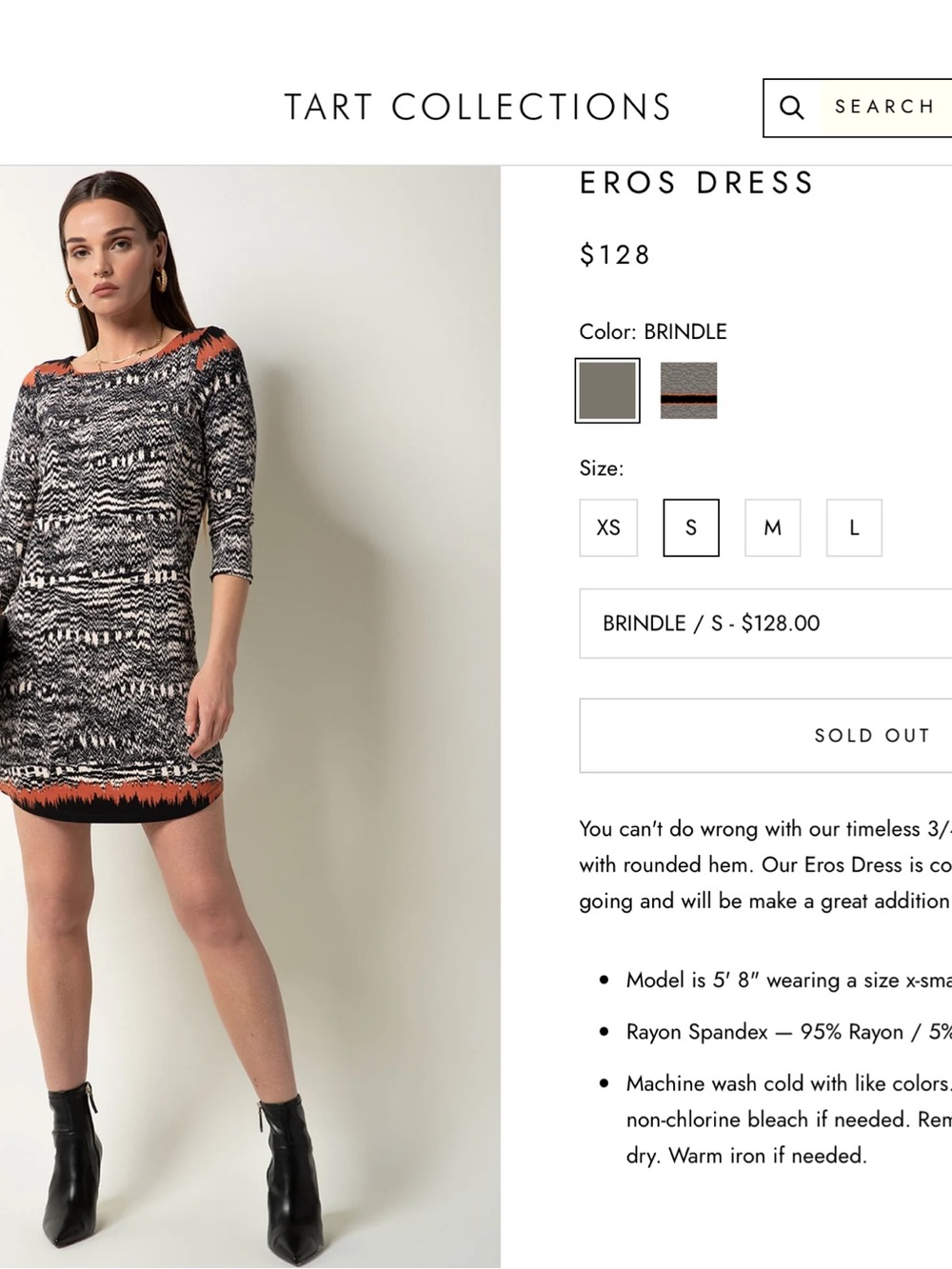 Tart Black, Cream & Coral Patterned Long Sleeve Scoop Neck Dress
